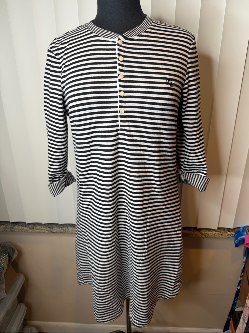 Lauren Ralph Lauren Black and White Striped Henley Dress Size Medium